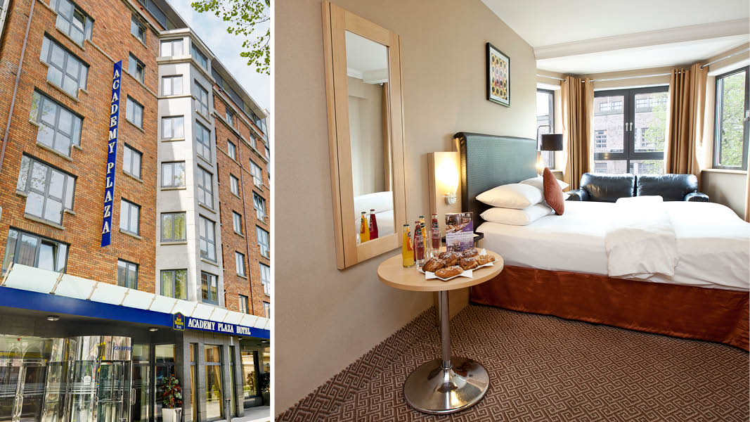 Stilrent dubbelrum och entré på storstadshotellet Best Western plus Academy Plaza Hotel i centrala Dublin.